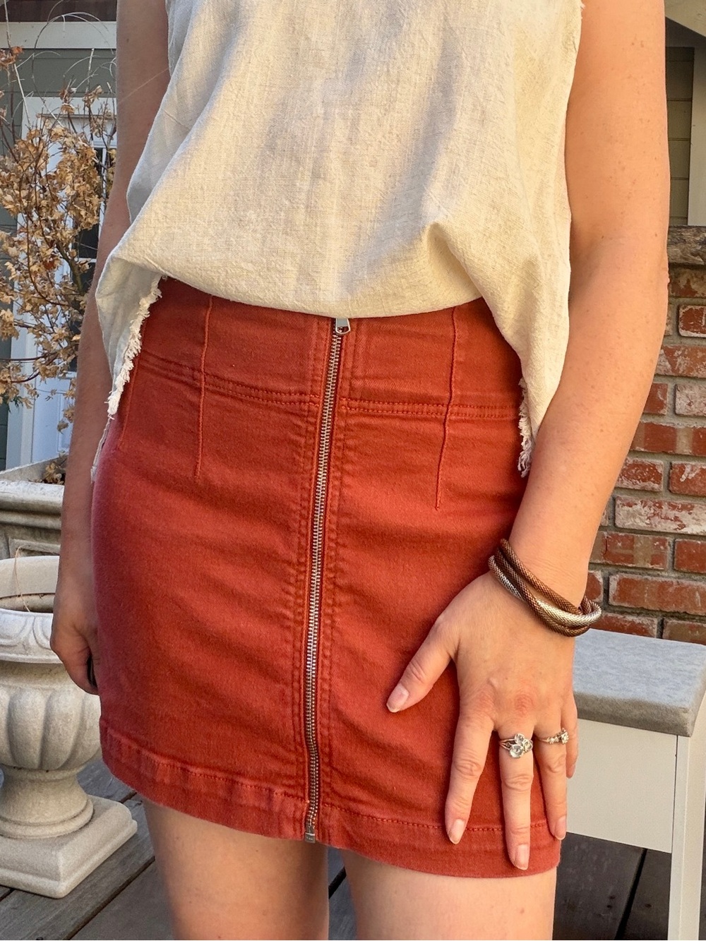 Free People Rust Orange Front-Zip Mini Skirt